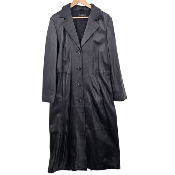 Vintage Wilsons Leather Mens L Black Patchwork Full Length Button Trench Coat